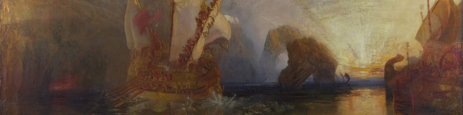 Ulysses' ship, sails billowing, rowing out past a rock arch toward the rising sun, in Turner's painting